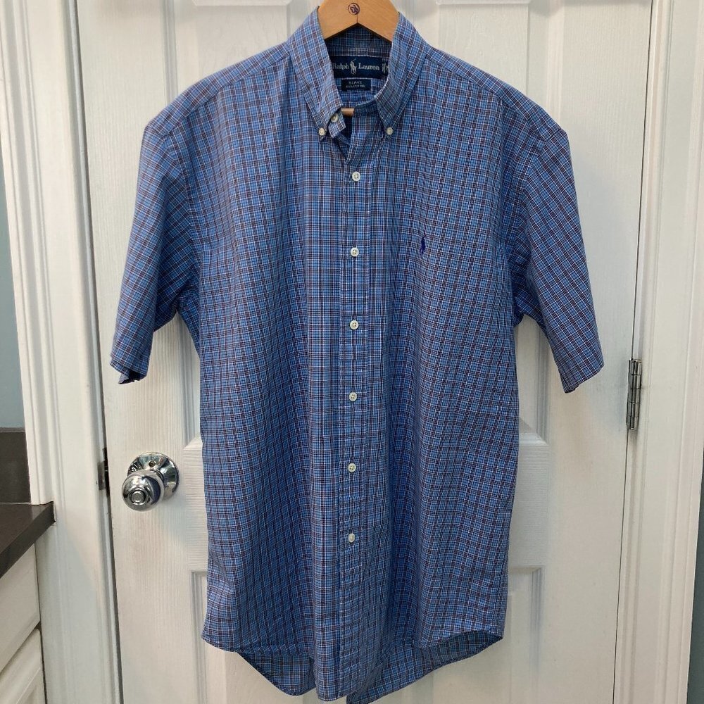 Vintage Ralph Lauren Blake Blue Plaid Short Sleeve Button Down Shirt Size Medium